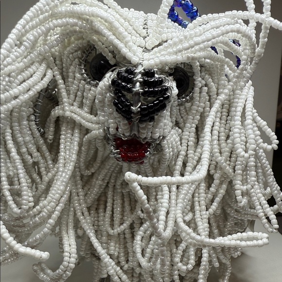 Vintage beadworks metal Beaded Dog Sculpture - White Black seed beads Maltese